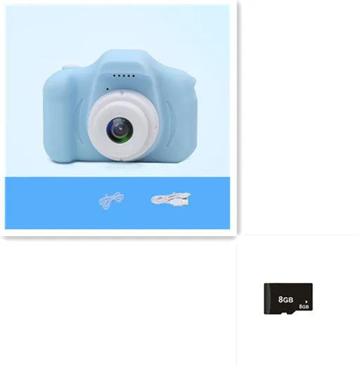 X2 HD mini cartoon kids digital camera in silicone body with 2-inch screen and lanyard.