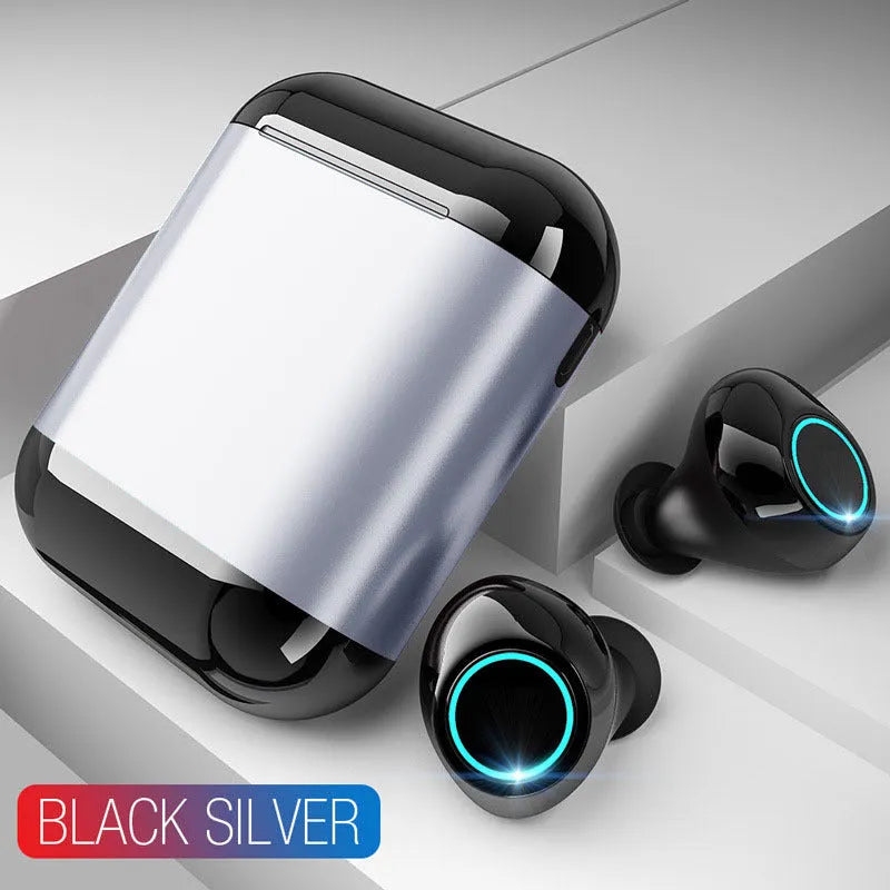 Black Bluetooth TWS wireless earplugs showing left and right earpieces with charging contacts