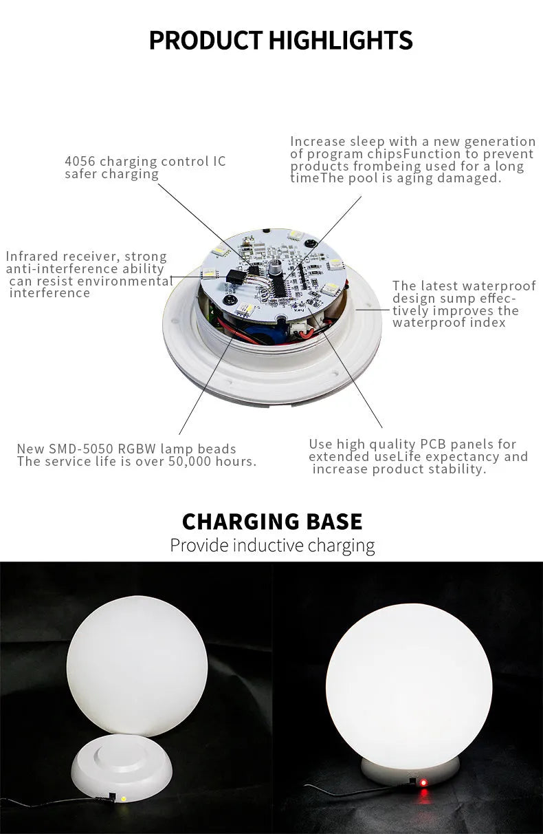 LED spherical garden light with remote control showing multiple colour options
