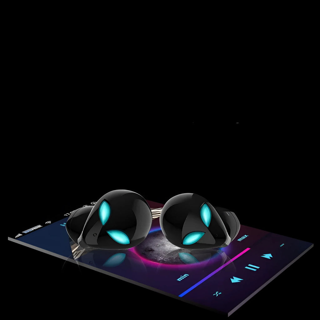Creative Outer T8 Starman alien-design Bluetooth headset with red and blue lights in charging case.