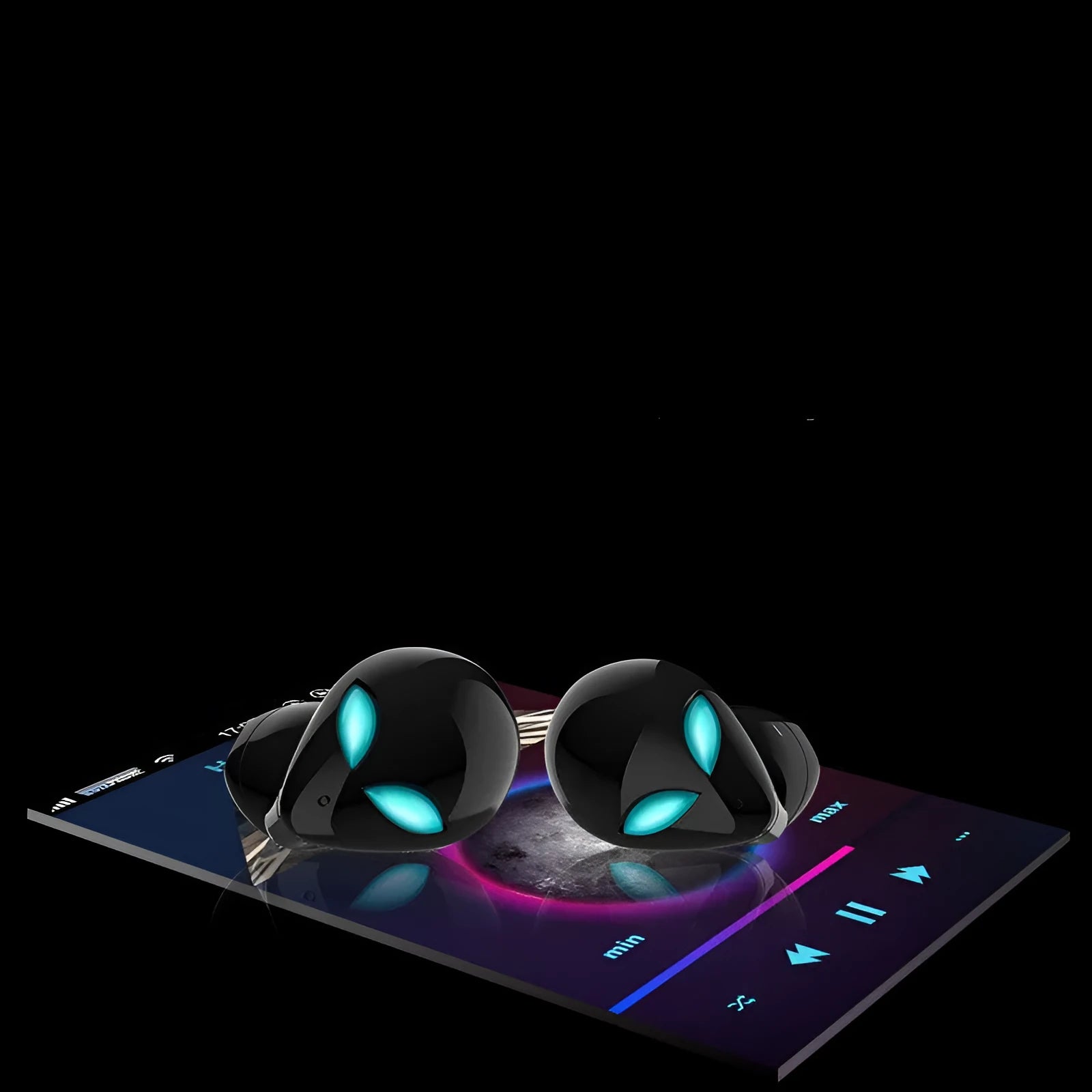 Creative Outer T8 Starman alien-design Bluetooth headset with red and blue lights in charging case.
