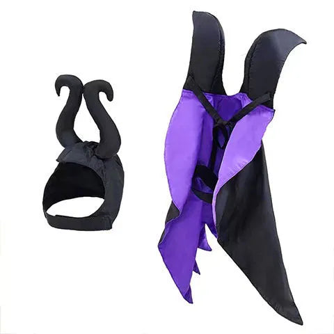 Halloween pet devil costume with bat cloak and pointed hat in red or purple colour options