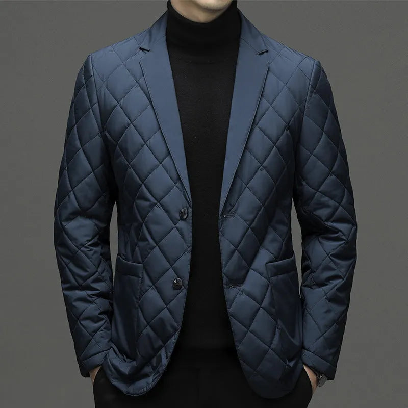 Men's thick winter down lapel jacket in solid colour with side seam pockets