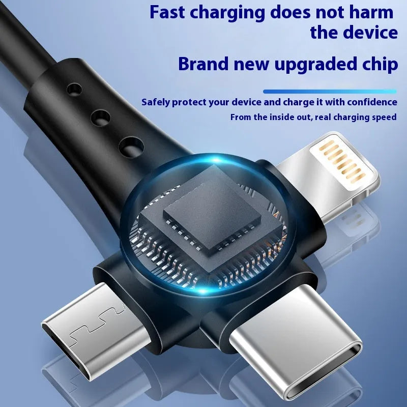 Black telescopic spring coil data cable with Type-C, Micro USB and Lightning connectors extended to 1.5m