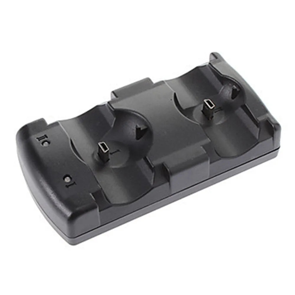 Black plastic dual USB charging dock for PlayStation 3 wireless controllers.