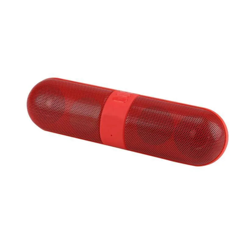 Portable pill Bluetooth audio speaker in blue with button controls and plastic shell