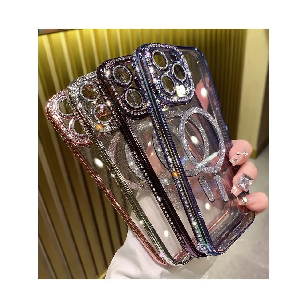 Wireless magnetic silicone iPhone case in an electroplated colour, shown on a phone.