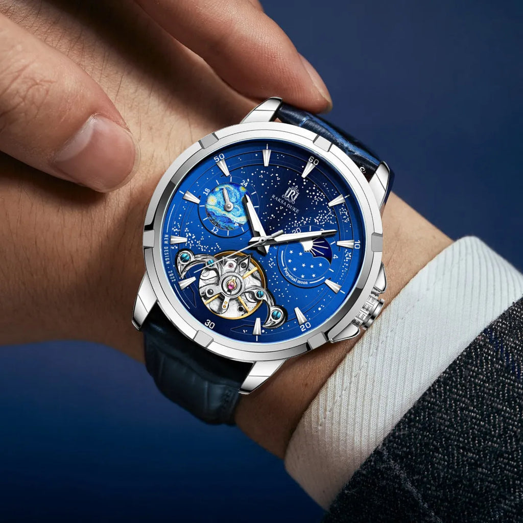 Men's automatic mechanical watch with blue dial and stainless steel case showing analogue display