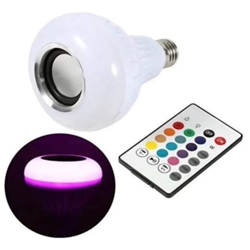 White smart LED bulb with Bluetooth speaker and remote control for colour changing lights.