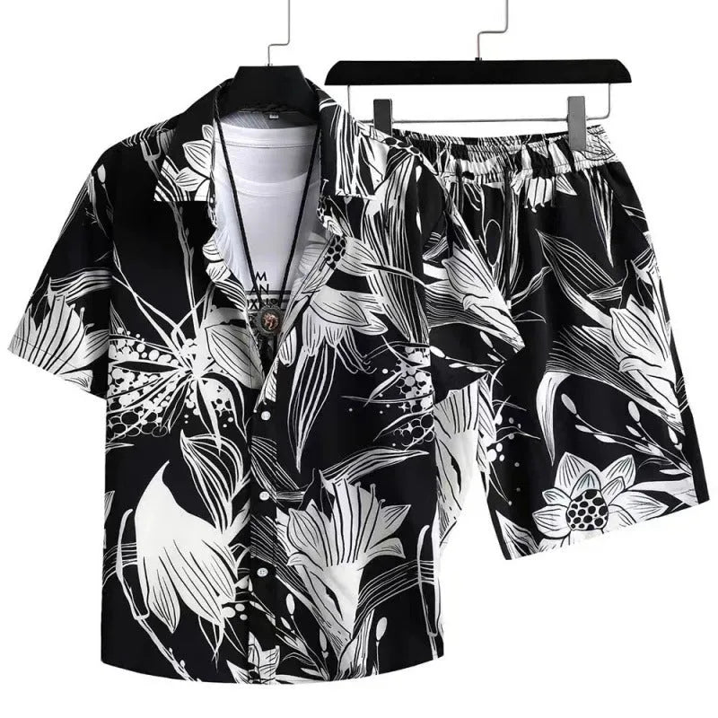 Man wearing a digital print short sleeve cardigan and matching shorts from a casual suit set.