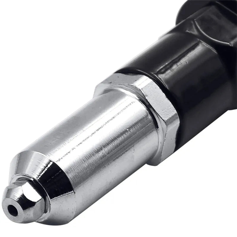 Black metal electric drill rivet gun attachment tool with a three-jaw chuck, 173mm long.