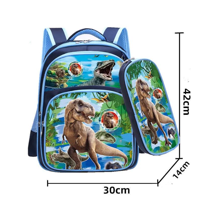 Blue children's cartoon backpack with pencil case, showing front print and adjustable straps.