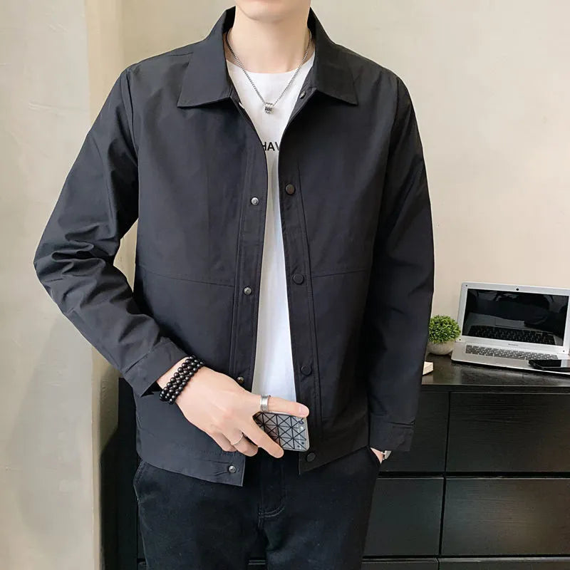 Men's thin single-layer long sleeve jacket in a Korean style, shown in a neutral colour.