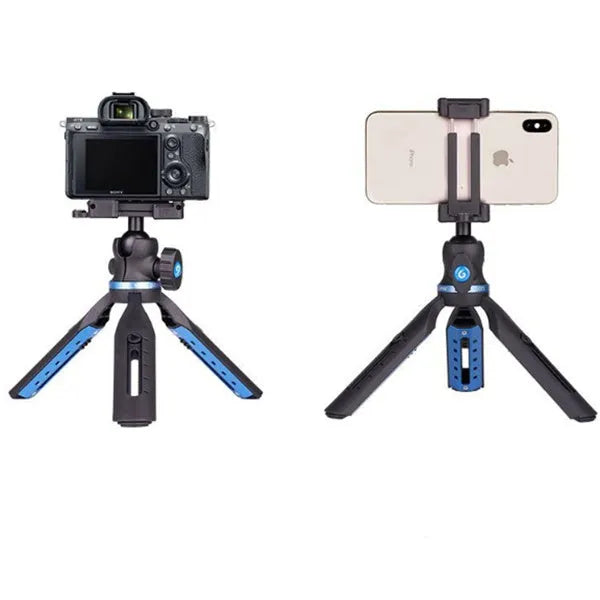 Black aluminium alloy and plastic desktop tripod stand holding a mobile phone.