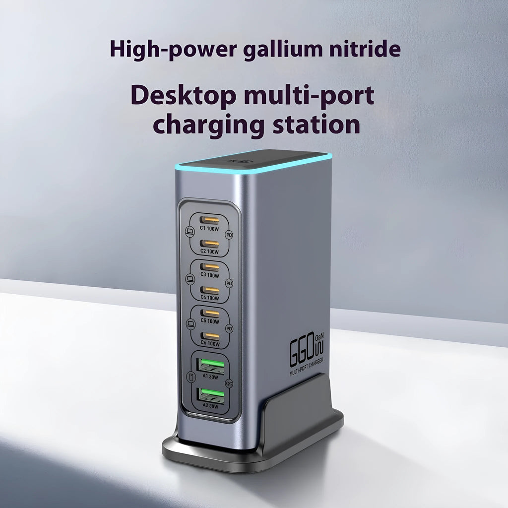 660W gallium nitride desktop fast charger with four international plug types: US, EU, UK, and AU standards