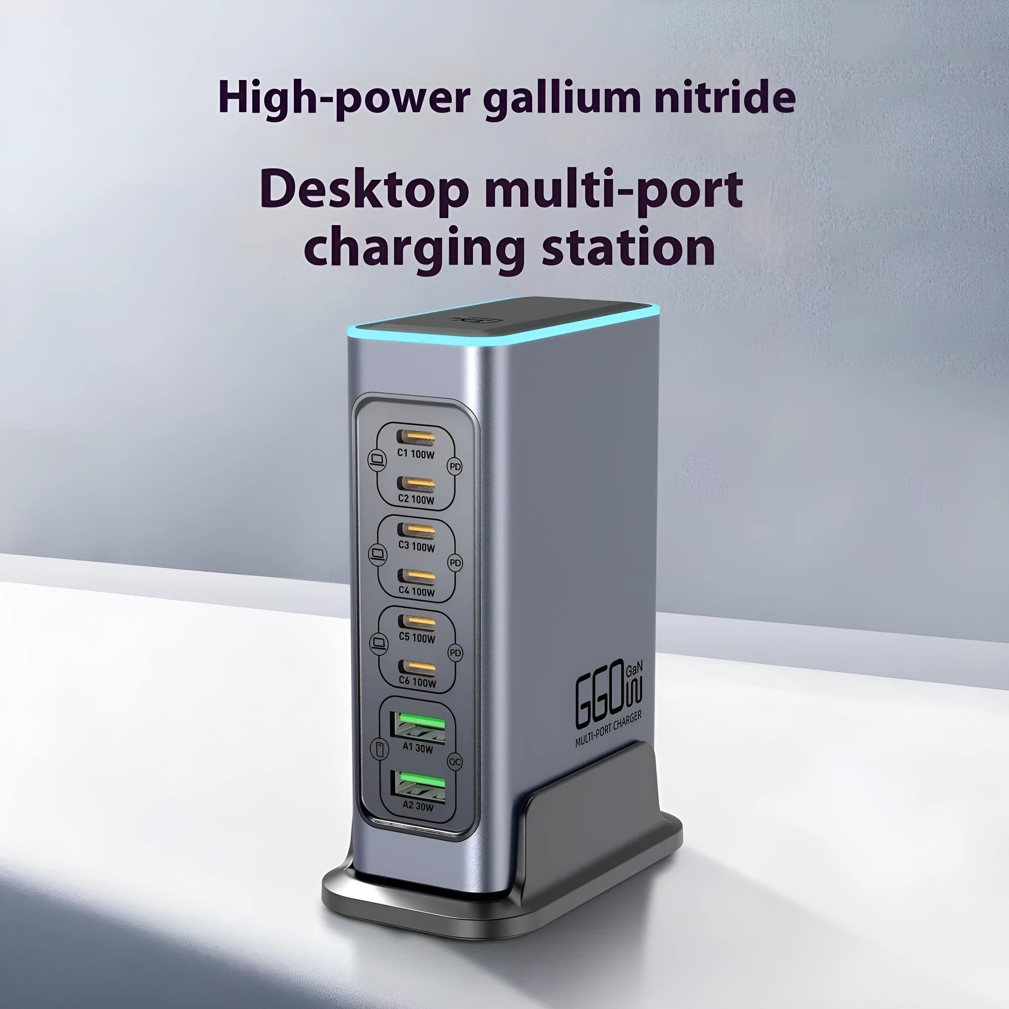660W gallium nitride desktop fast charger with four international plug types: US, EU, UK, and AU standards