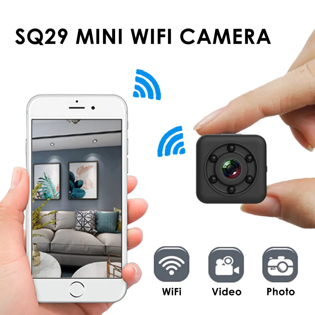Black SQ29 waterproof sports camera showing Micro USB port and TF card slot for extended recording.