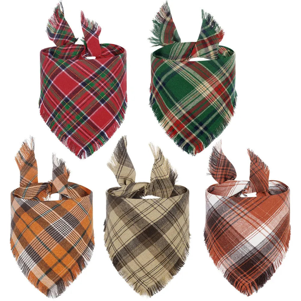 Plaid triangle dog bandana with tassels in autumn colours on a dog's neck.