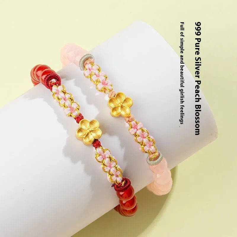 Hand-woven natural rope bracelet with diamond crystal charm in Chinese peach blossom style