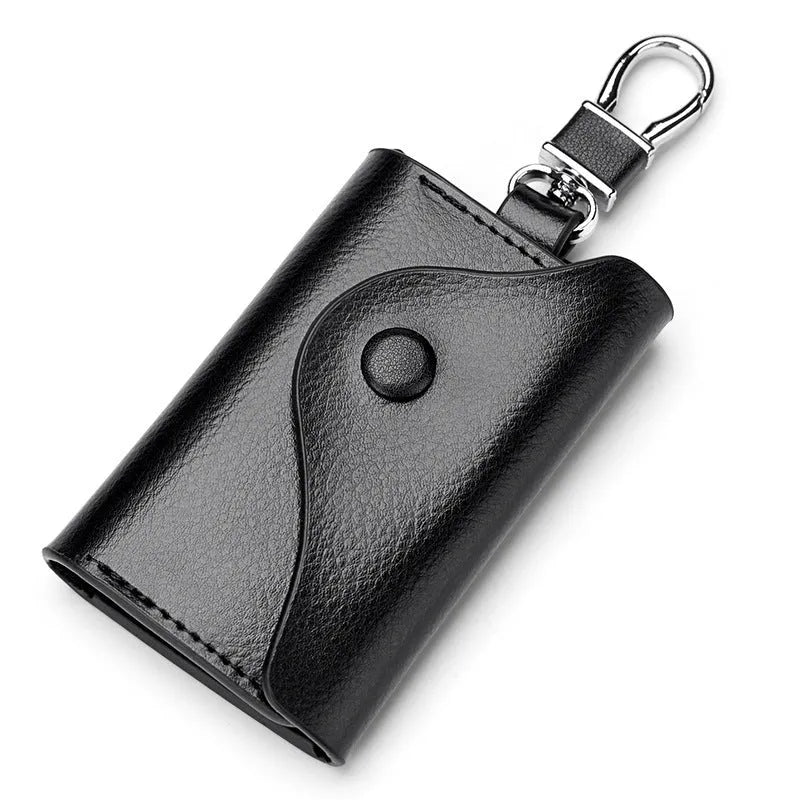 Genuine leather key case in square vertical Korean style with key mapping, shown in black.