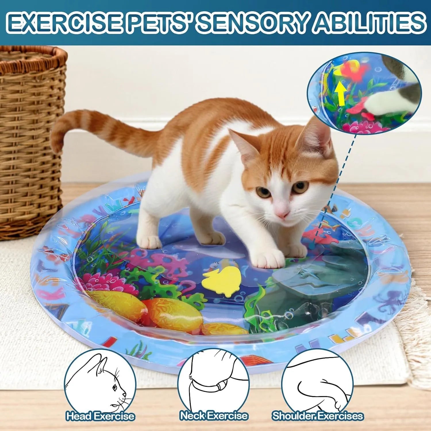 Ocean-themed blue water sensory playmat for cats with floating fish toys inside on a floor