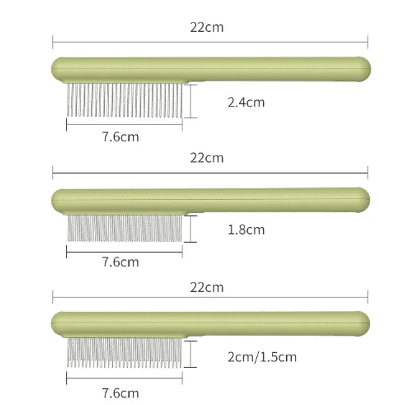 Green and white stainless steel cat comb with rounded teeth for grooming and flea removal
