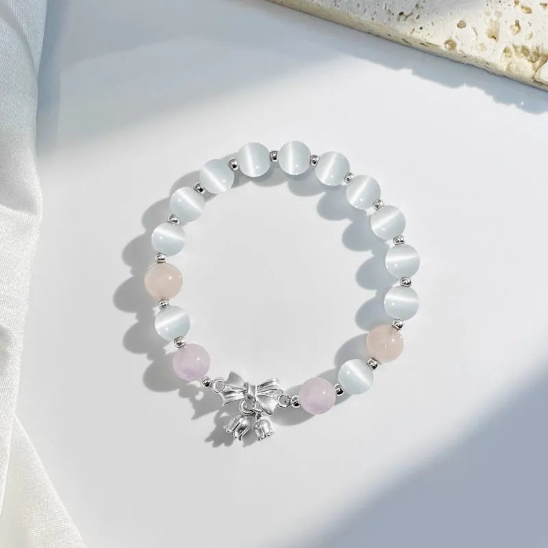 Lavender purple opal bracelet with bowknot design and 10mm crystal beads