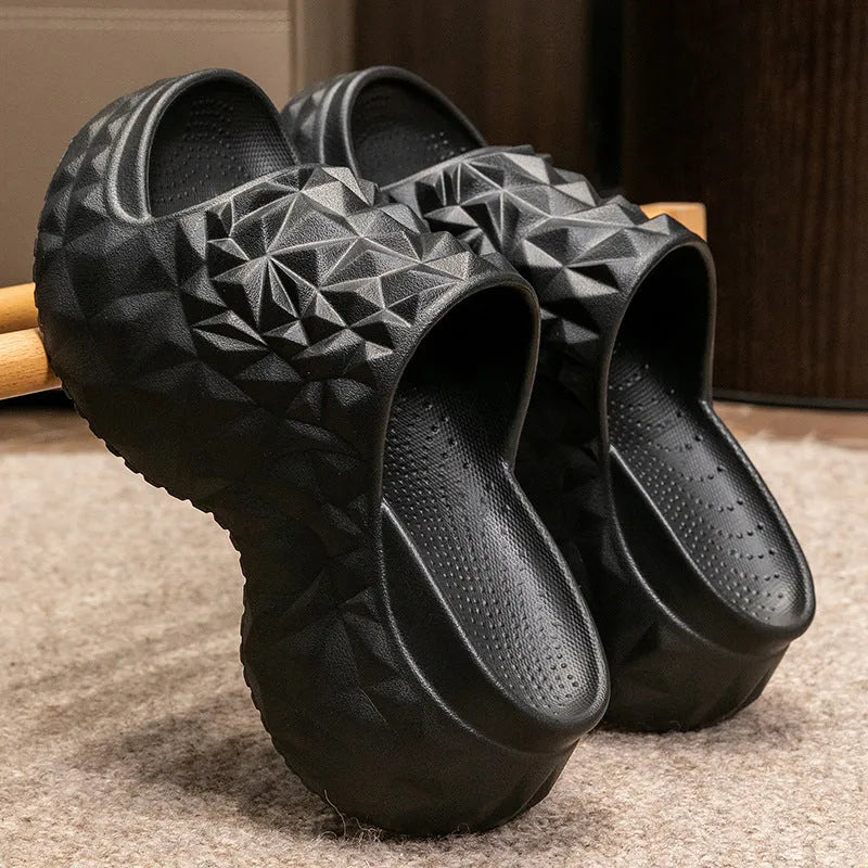 High heel Eva slippers with thick sole in khaki, black or white colours, showing flip-flop style design
