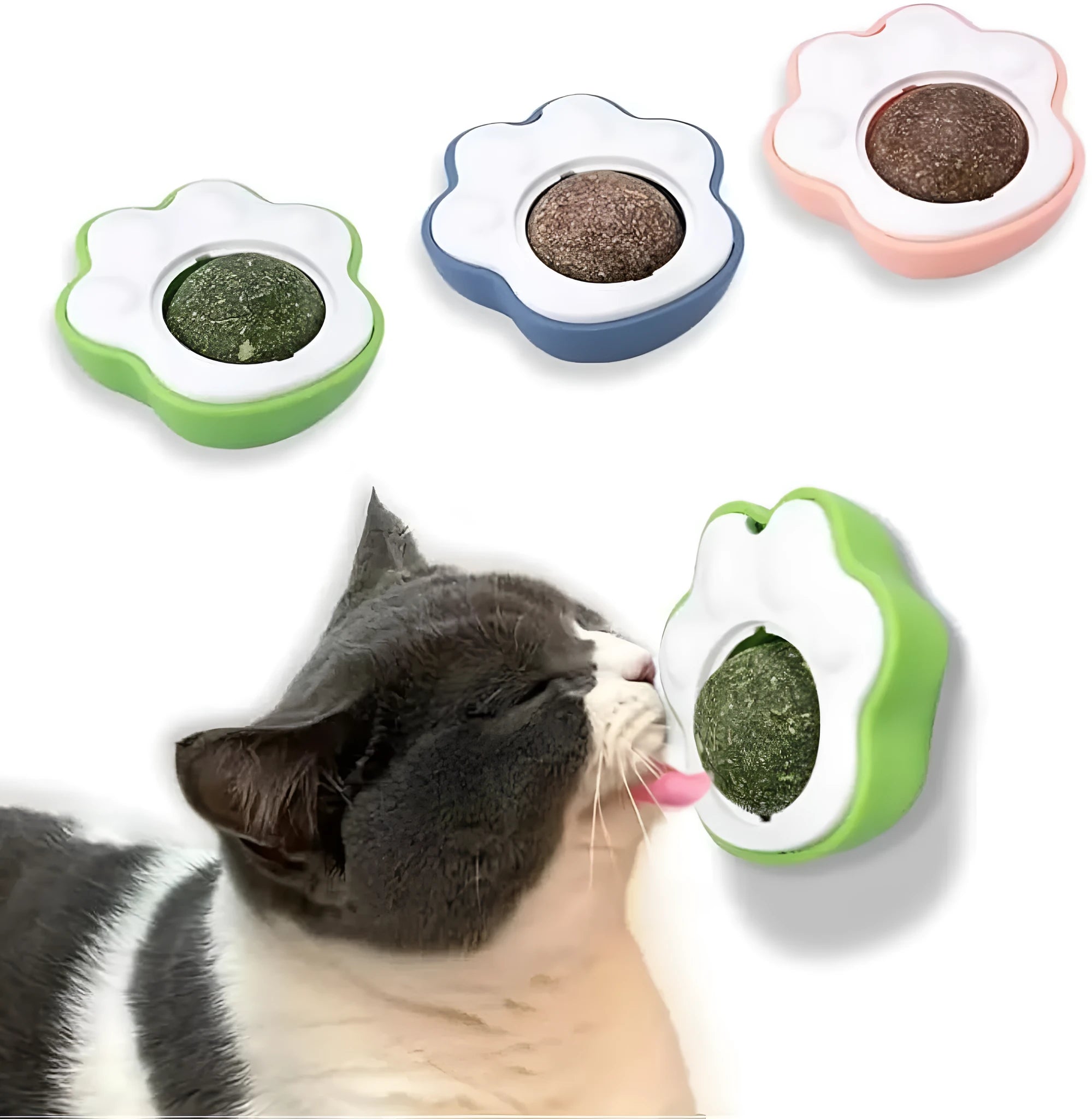 Blue, green and pink catnip ball toys for interactive play and dental cleaning