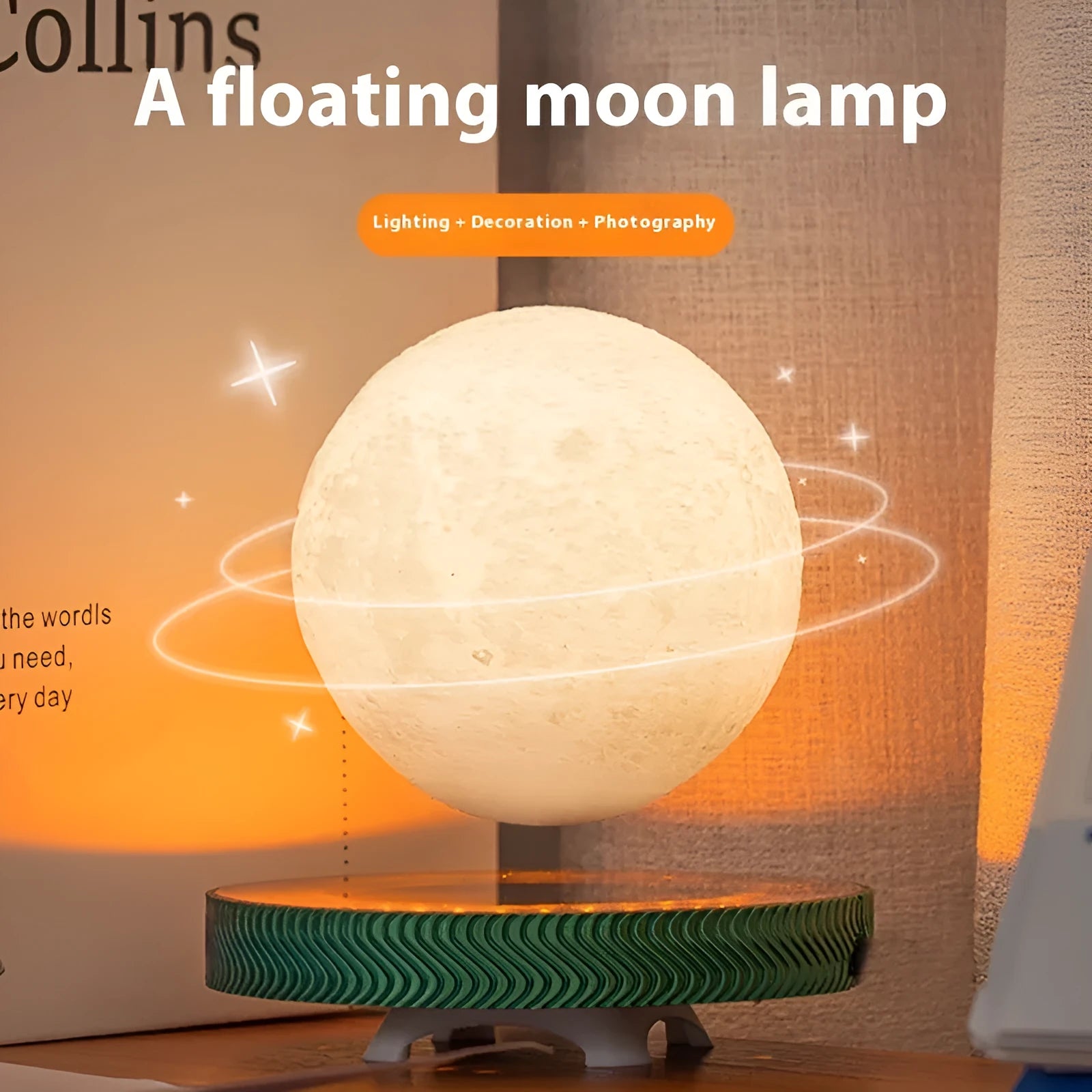 Magnetic suspension moon night lamp with 3D printed modern design on shelf