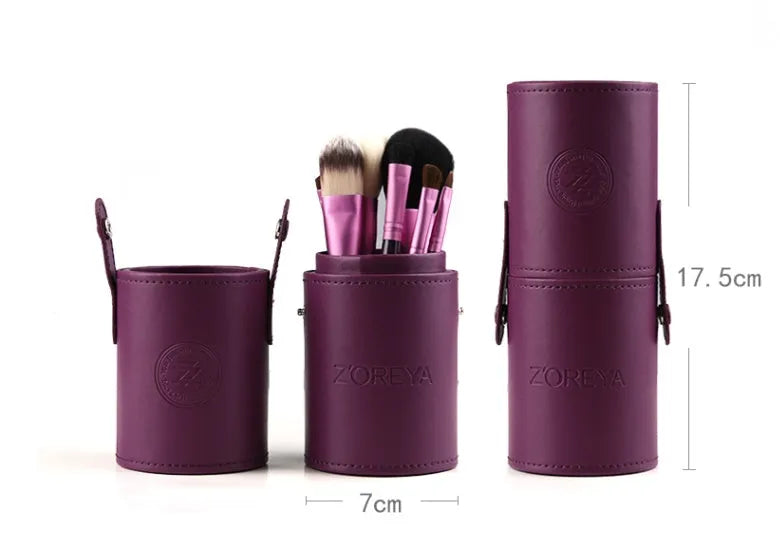 7-piece makeup brush set with synthetic and goat hair bristles and wood handles in green purple and red colours