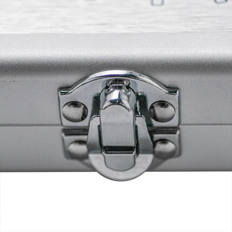 Silver aluminium storage box for soldering iron with dimensions 154mm x 147mm x 36mm.