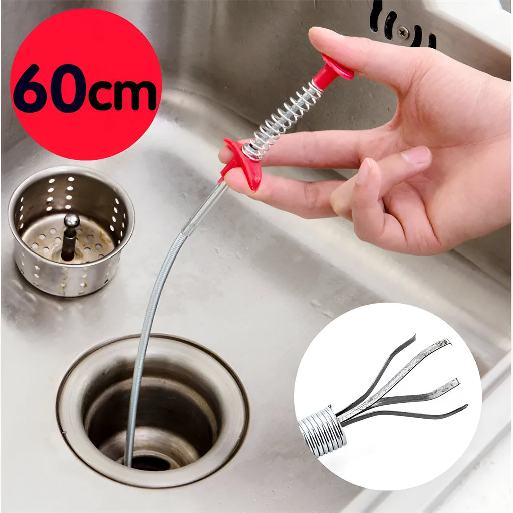 Flexible plastic and stainless steel drain cleaning spring tool with rubber grip for household pipe maintenance