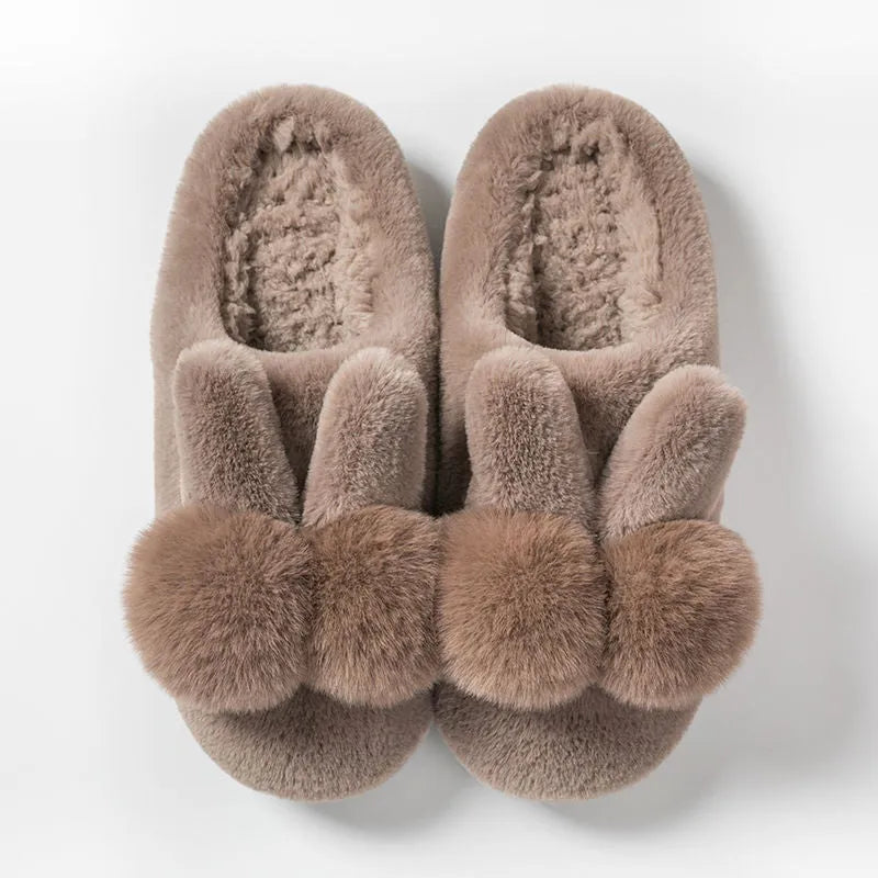 Women's rabbit fur winter slippers with floral detail in coffee, white, grey, red, or pink colours