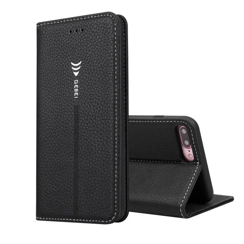 Black PU leather wallet case for iPhone with multiple card slots open.