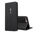 Black PU leather wallet case for iPhone with multiple card slots open.