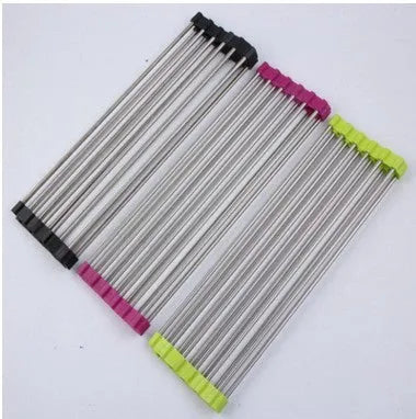 Stainless steel folding kitchen drain rack with plastic tubes in a kitchen sink