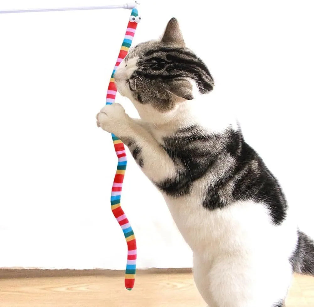 Cat wand toy with polycarbonate pole and long plush strip in green, orange, or rainbow colours