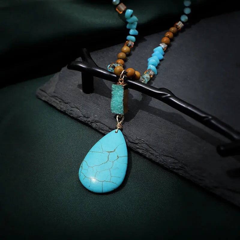 Turquoise blue water drop pendant necklace with mixed gem inlaid and 81cm ball bead chain