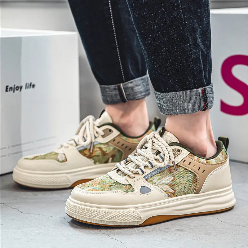 Casual canvas shoes in Milan green and beige colours with round toe and flat heel design