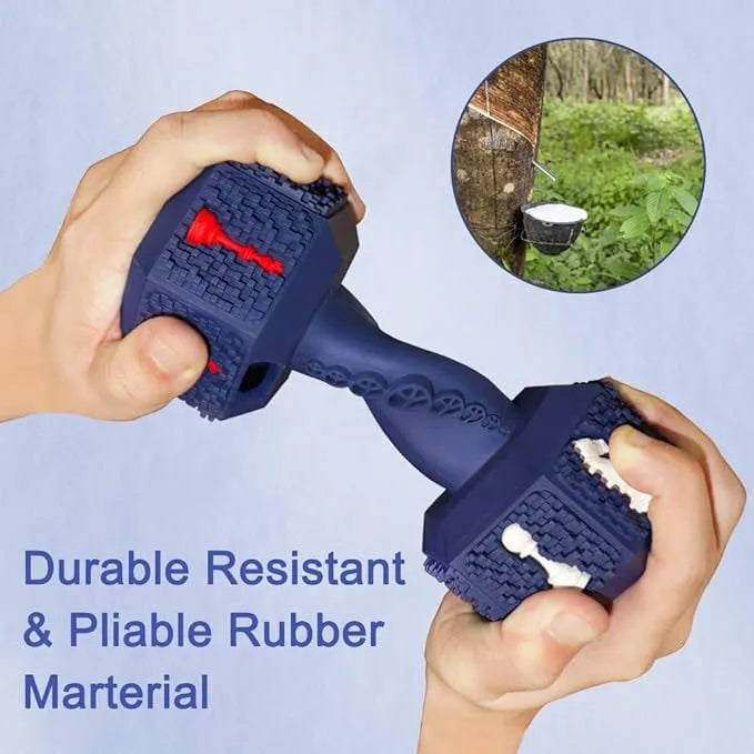 Durable rubber dumbbell dog chew toy with hollow ends for treats and textured cleaning surface
