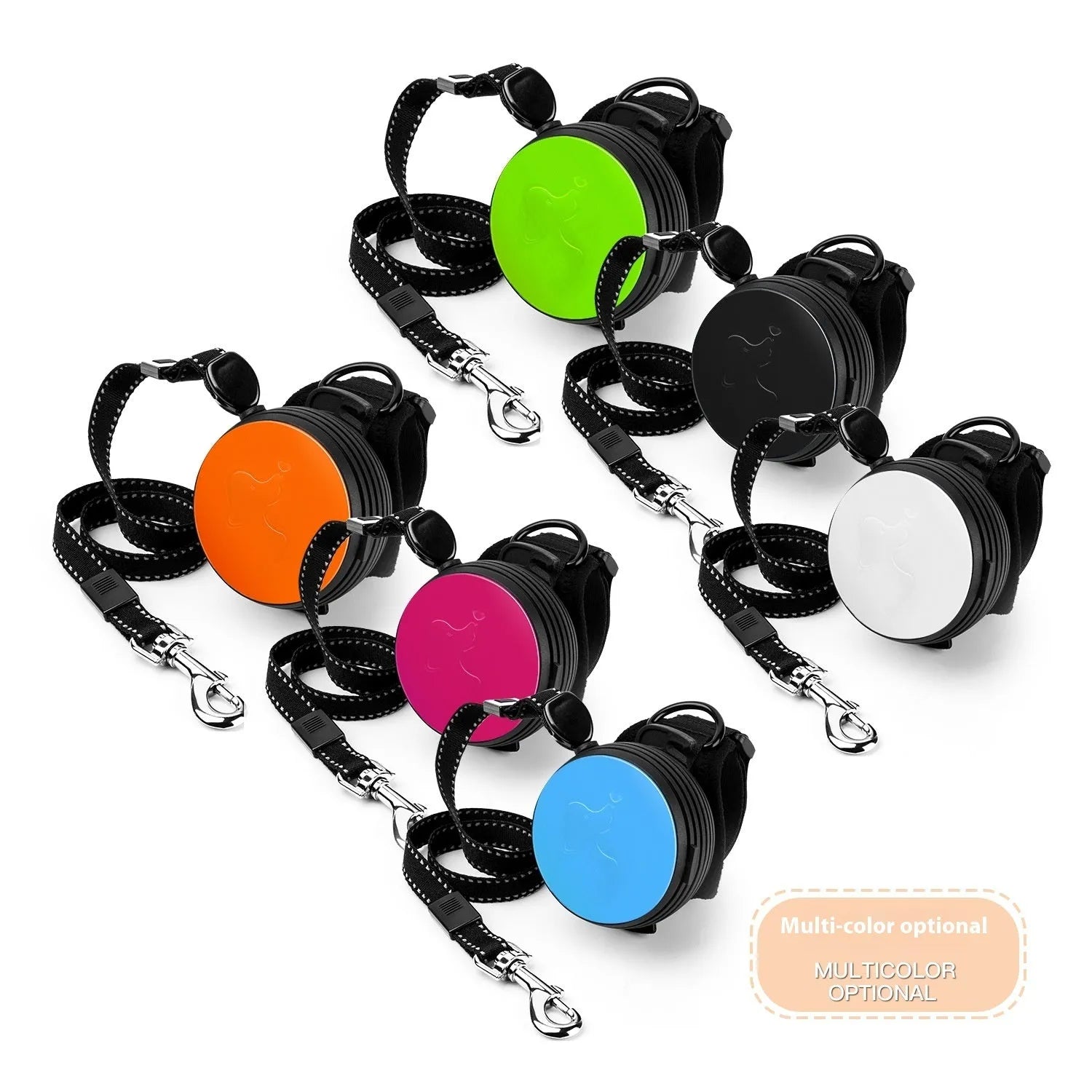 Automatic retractable pet leash showing 3 metre extension with hands-free design in multiple colours