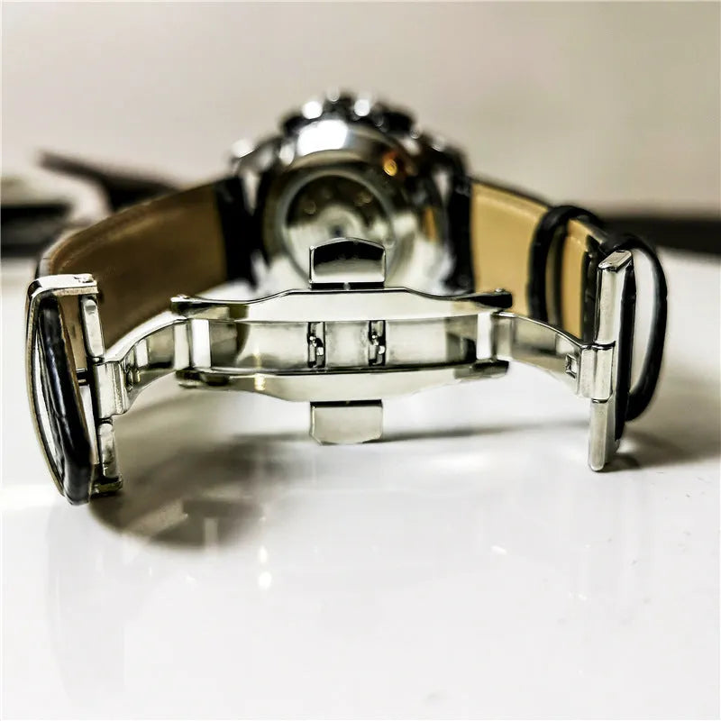 Men's automatic mechanical watch with a 12mm thick case showing various colour options like silver, black, and gold.