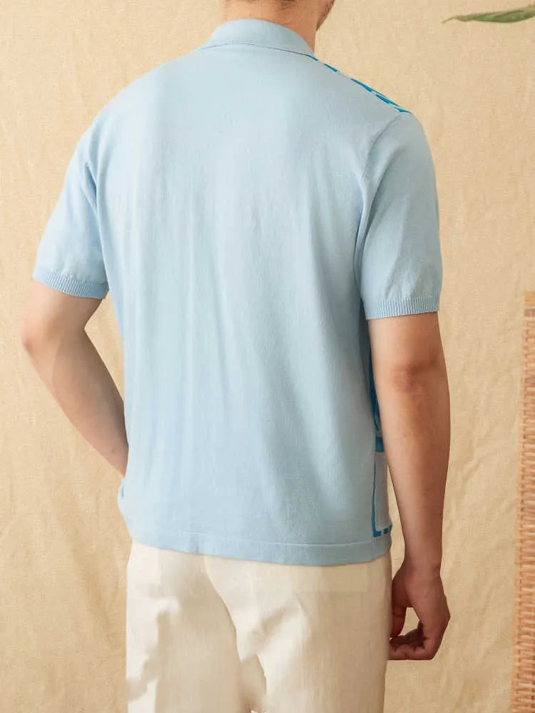 Short-sleeved striped knitted polo cardigan in light blue on a hanger.