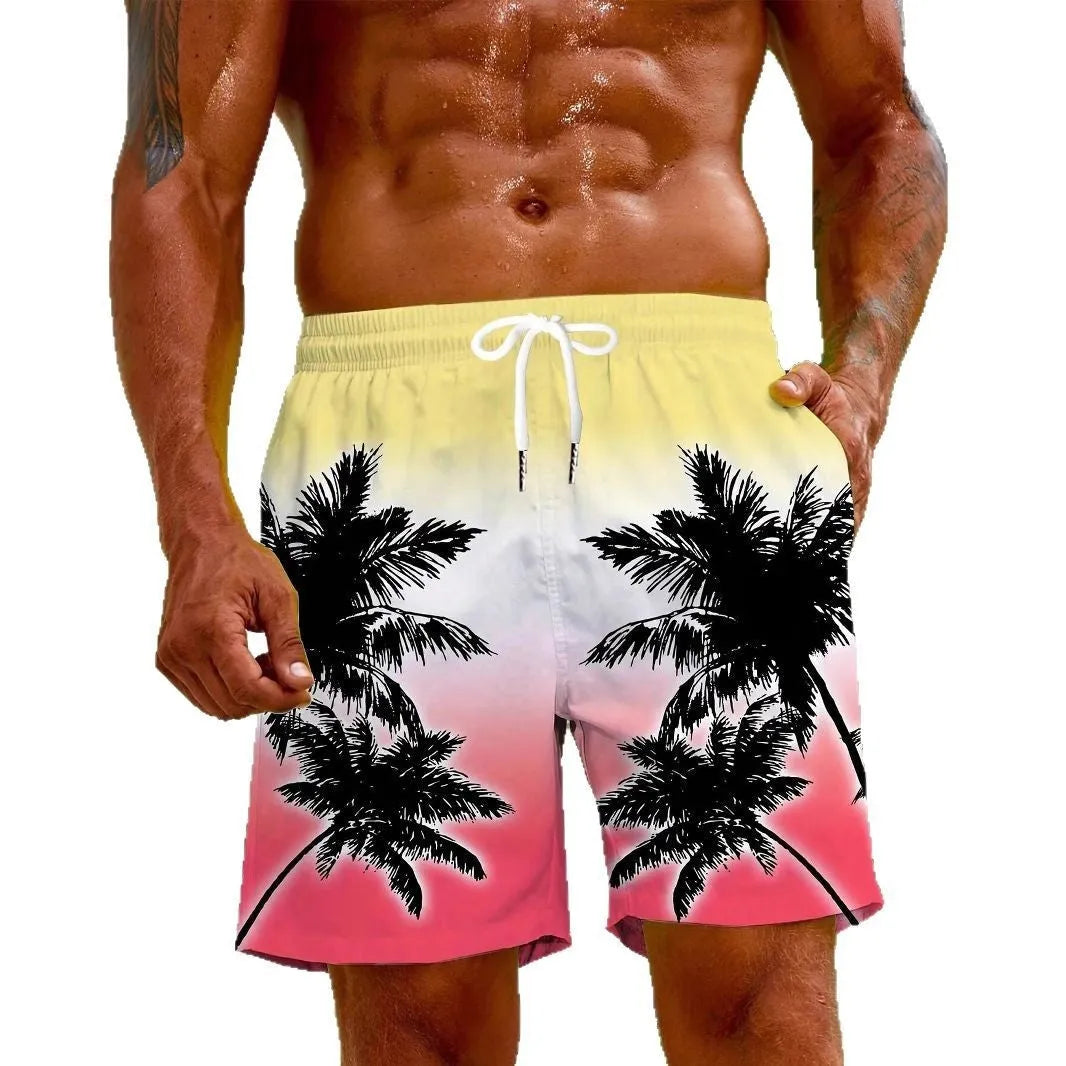 Men's micro-elastic quick-dry swimming trunks in polyester fabric showing size and colour options
