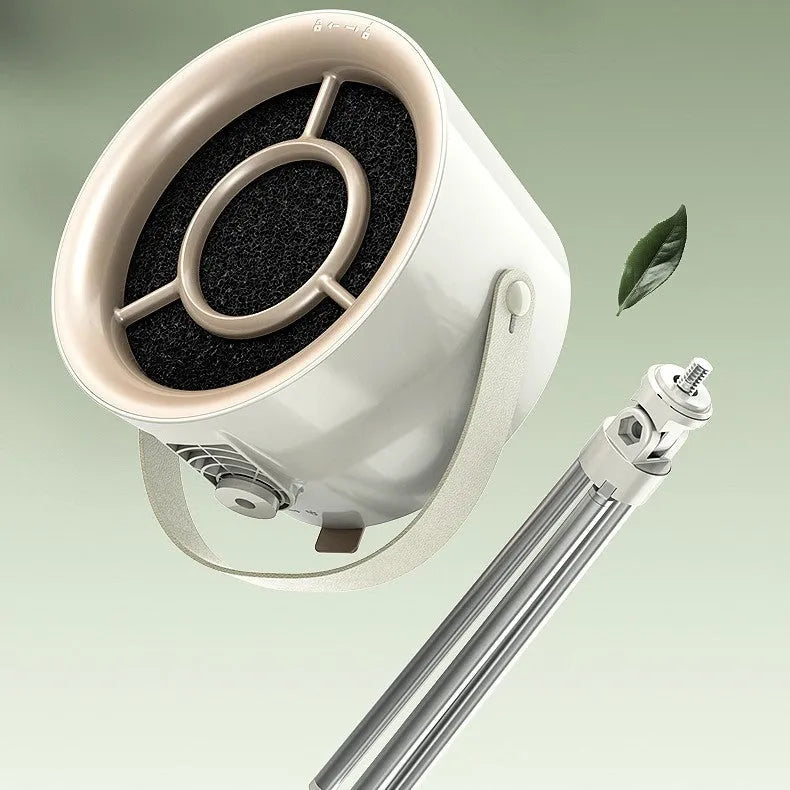 Milky white portable desktop exhaust fan with tripod stand and removable filter for kitchen smoke extraction