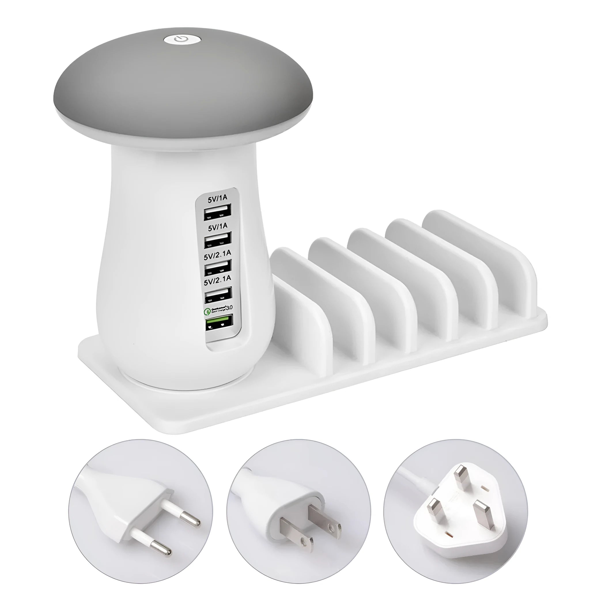White mushroom-shaped LED light on a five-port USB charging station for phones and tablets