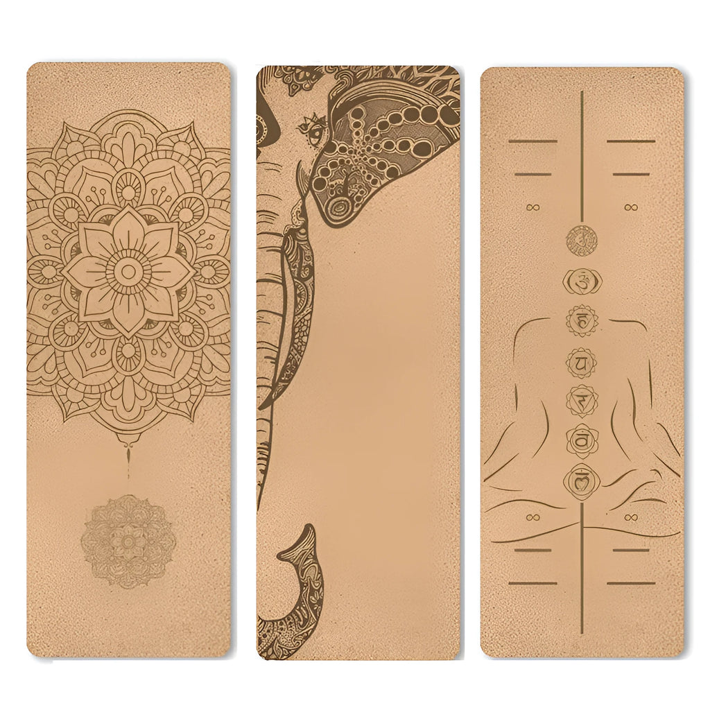 Cork TPE yoga mat on floor, 183x61cm, non-slip surface shown with subtle cork texture and TPE back