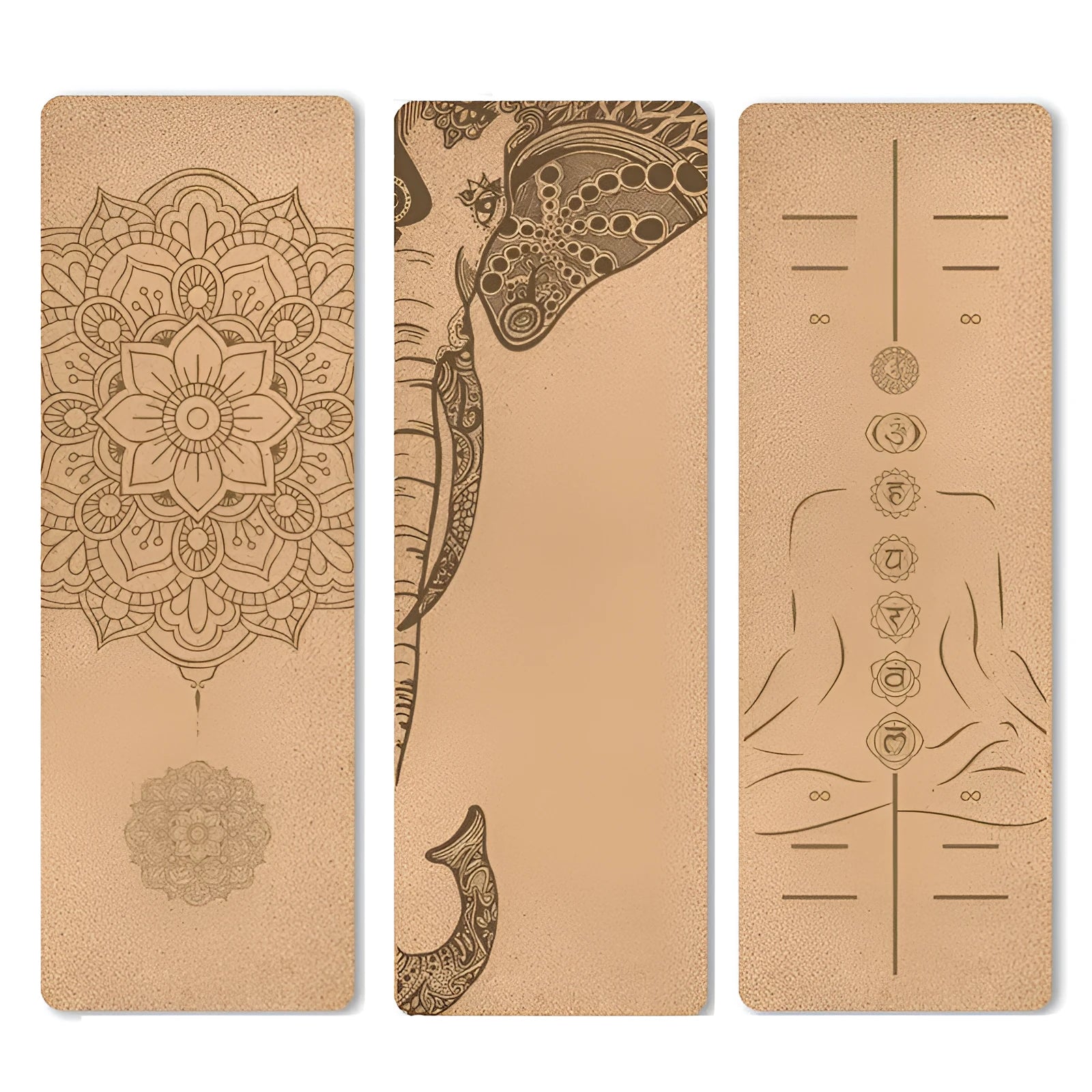 Cork TPE yoga mat on floor, 183x61cm, non-slip surface shown with subtle cork texture and TPE back