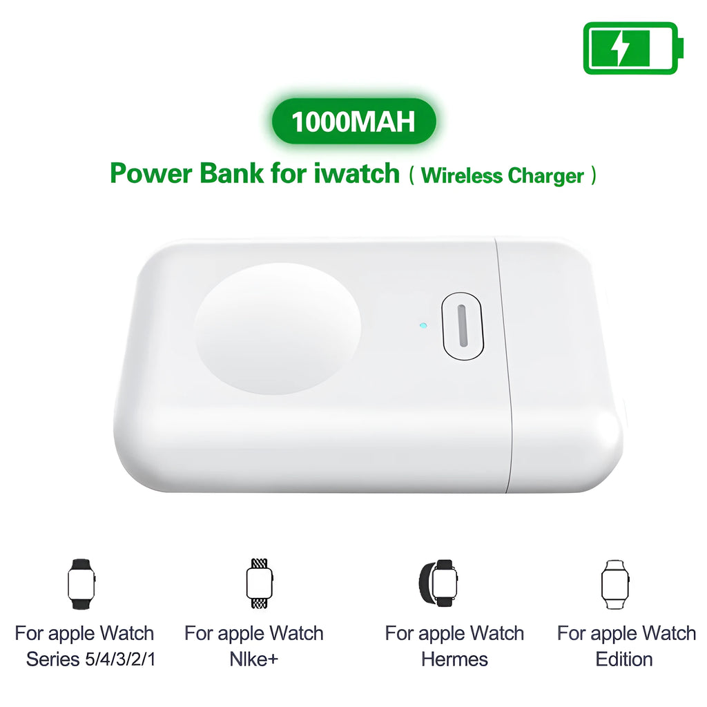 White Apple Watch portable magnetic wireless charger with 1000mAh battery capacity